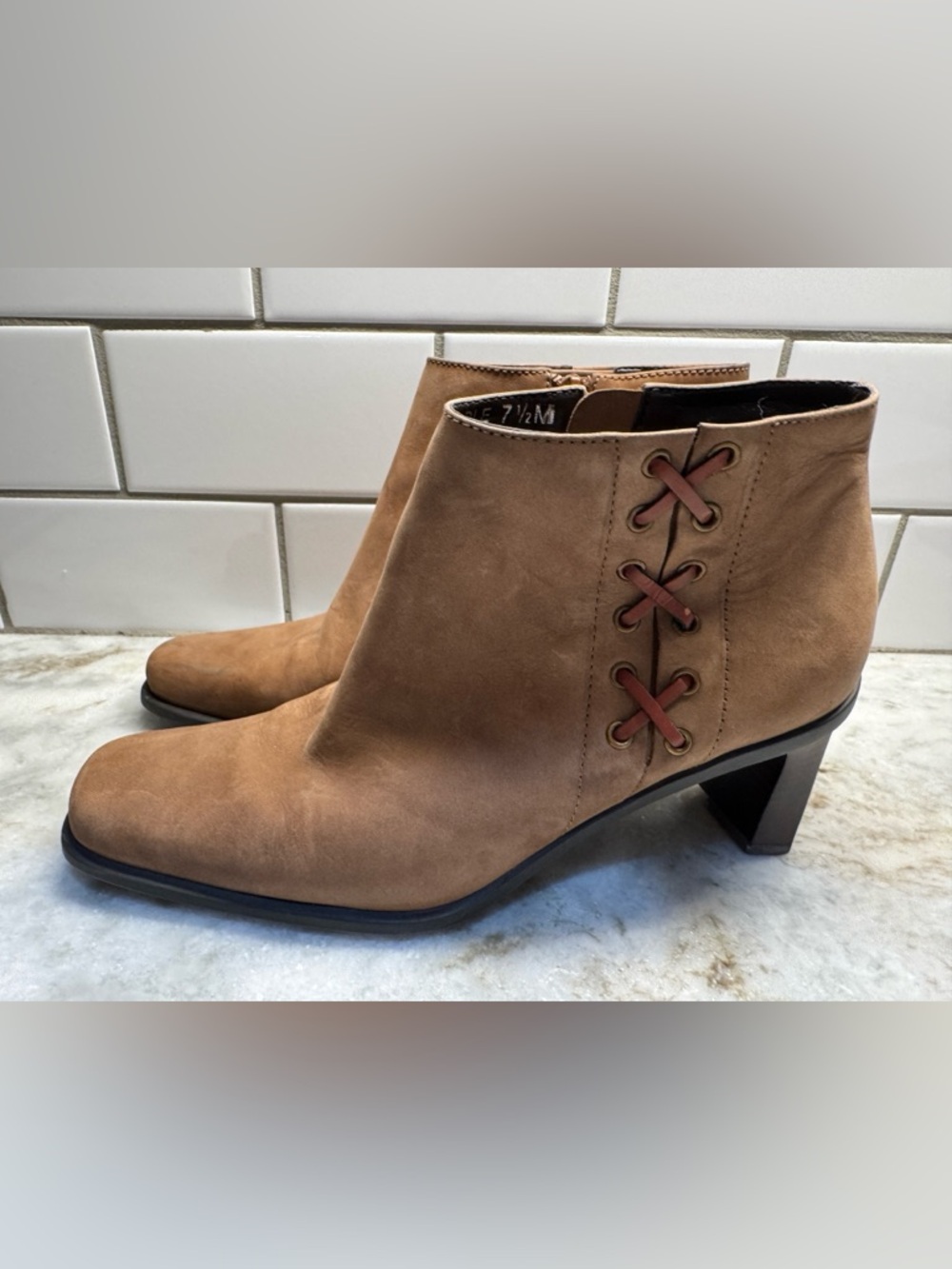 Etienne Aigner Tan Suede Ankle Booties with Side Lace Accent